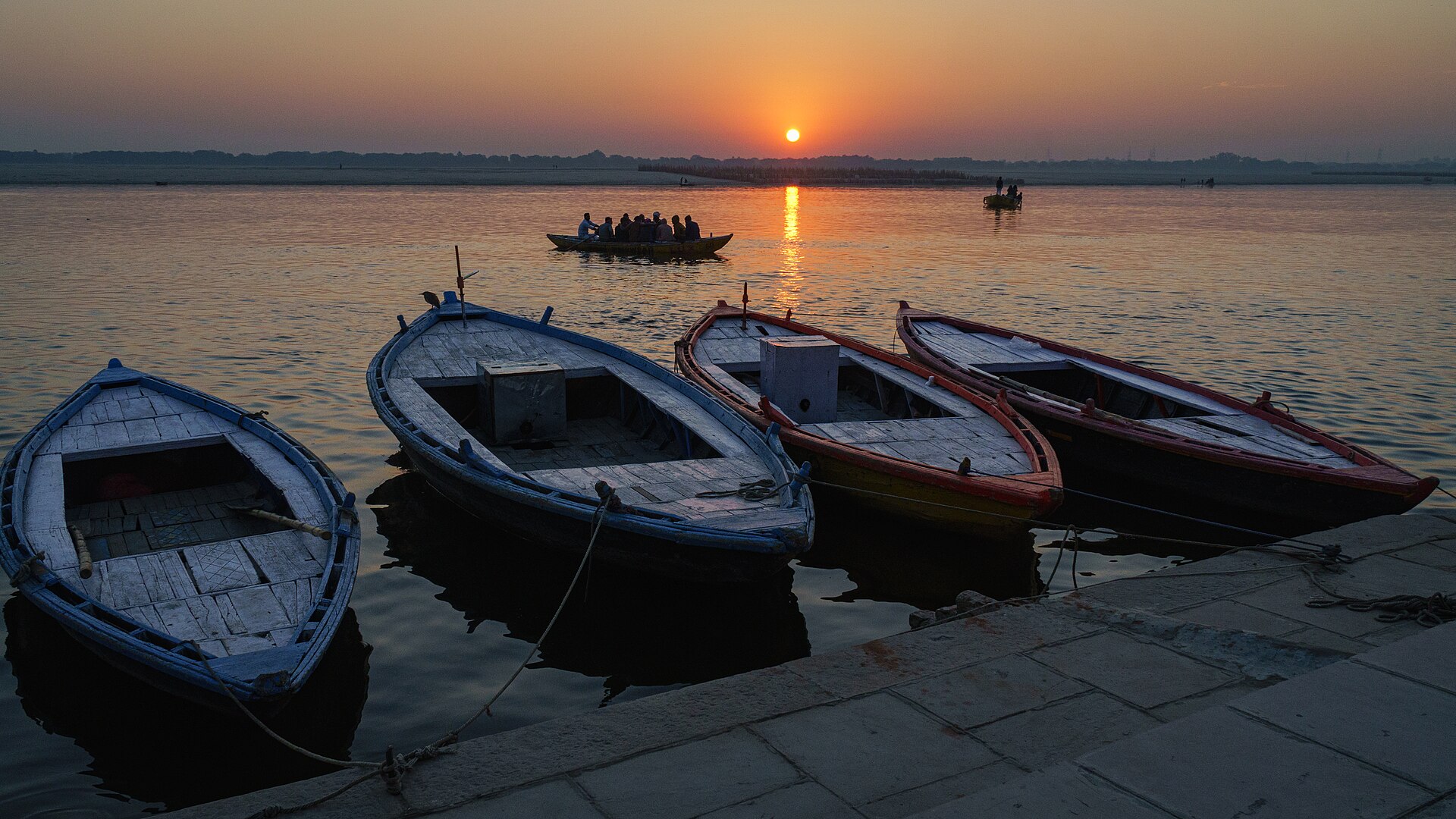 Boats on the Ganges at sunrise in Varanasi